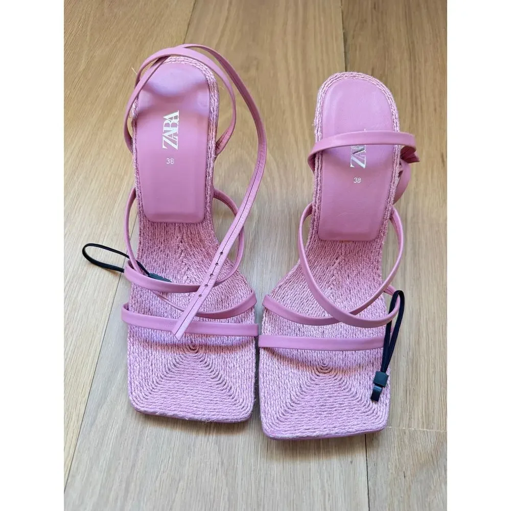 NEW Zara pink HEELED LEATHER SANDALS WITH INSOLE  Size 38 $90 - Picture 2 of 6